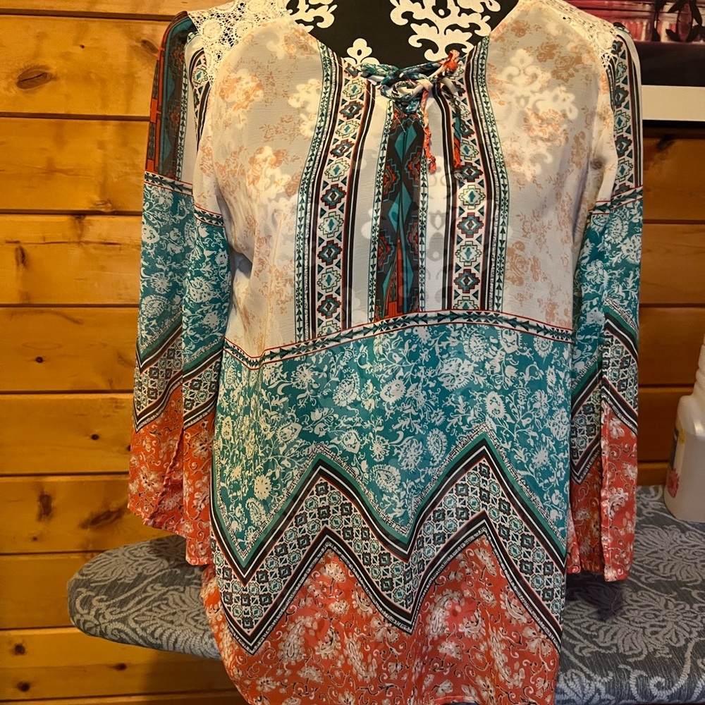 Fig and Flower Teal and Orange Bohemian Blouse size small